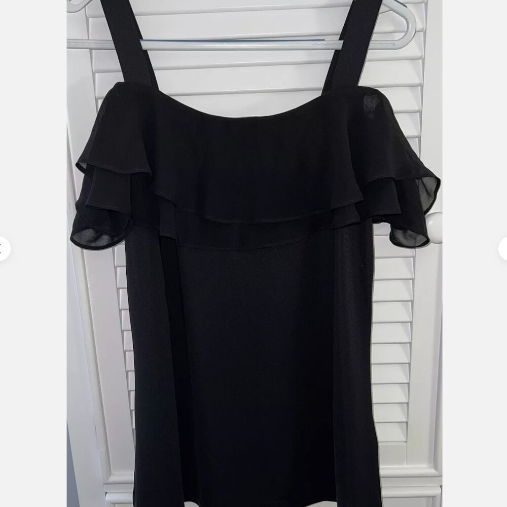 Susan Graver Black Premier Knit off-the-shoulder Top with Ruffle Trim | Size XL